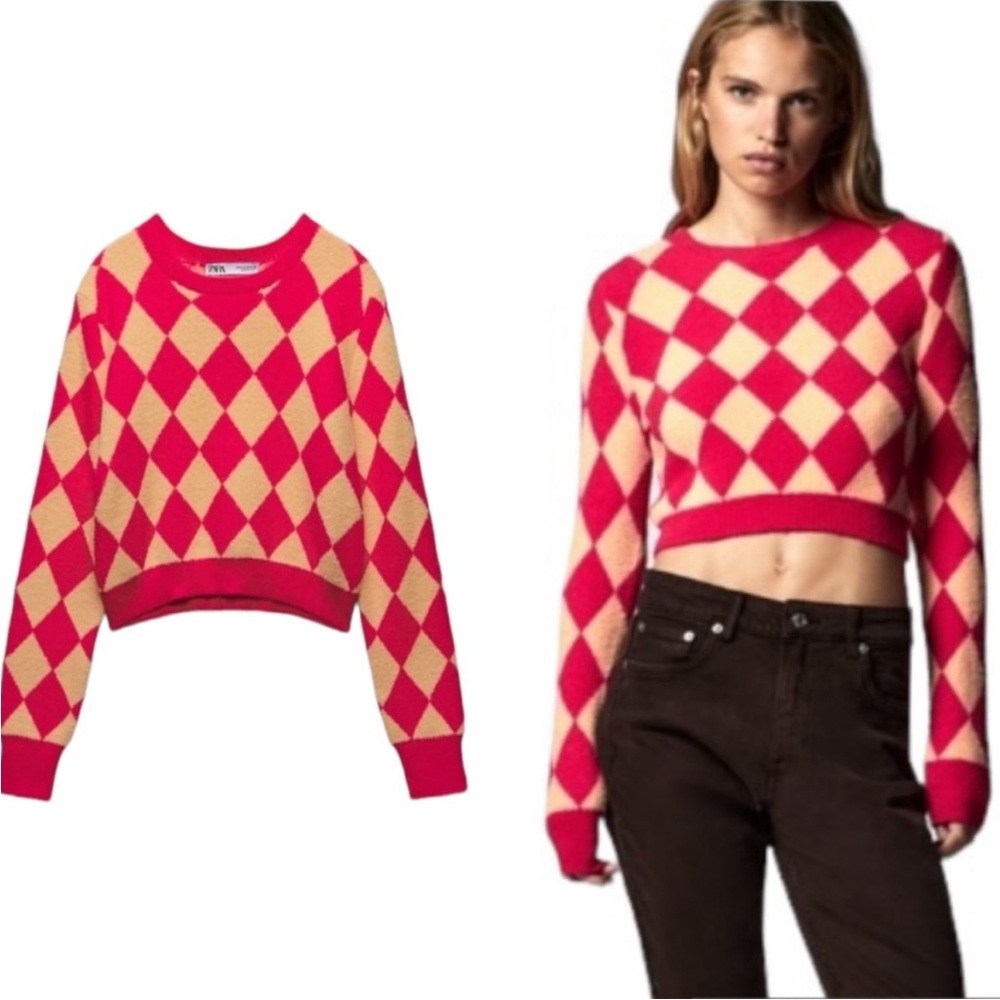 Zara Red and Cream Argyle Sweater - Picture 2 of 5